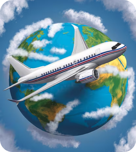 Airplane flying around the globe